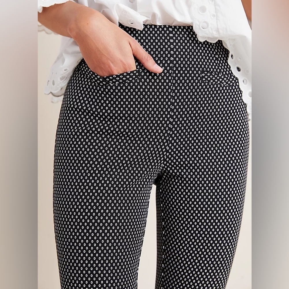 Anthropologie The Essential Slim Pants Trouser Black White Circle Pattern Sz 12 - Picture 2 of 16